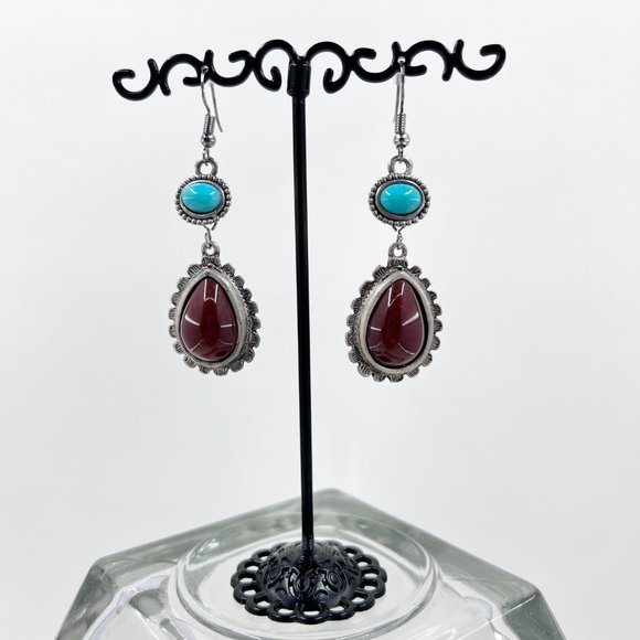 New / Hand Crafted - Southwestern Vibes Turquoise & Dark Red Dangle Earrings - Picture 2 of 6